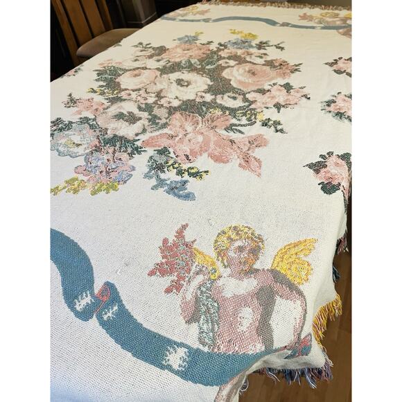 Thick Woven Blanket Tapestry Pink Flowers Floral Angel Cherub Cupid Fringe Cotto - Picture 6 of 16